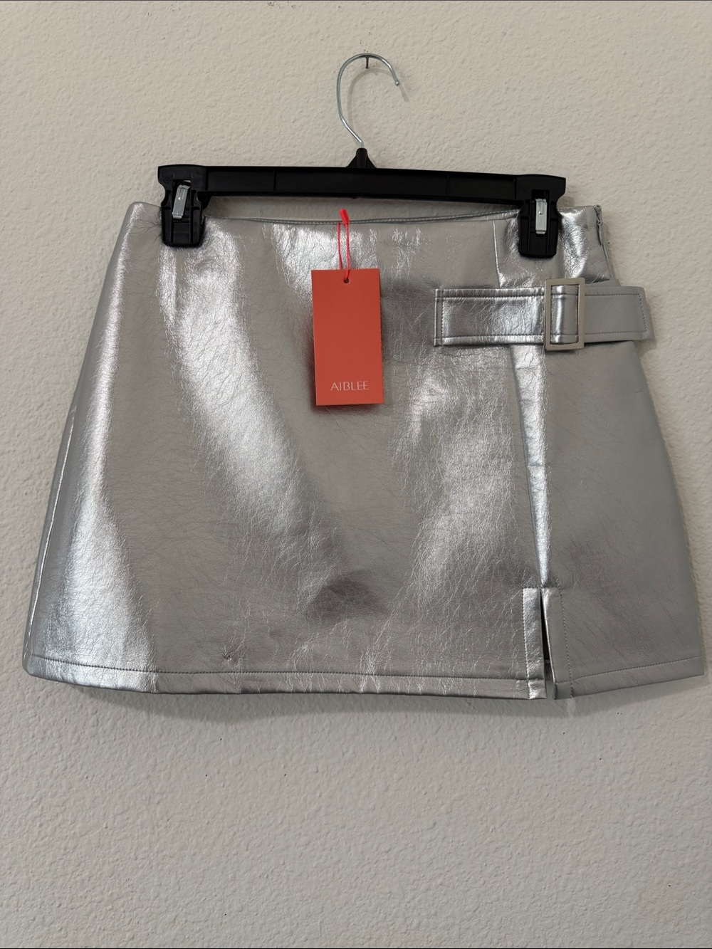AIBLEE Silver Metallic Mini Skirt with Side Buckle